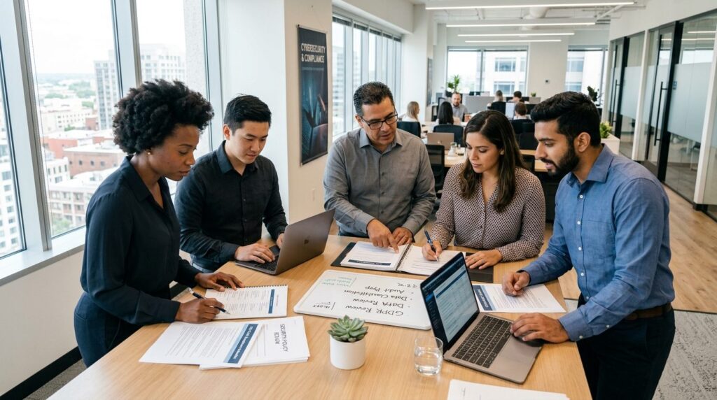 Diverse team of professionals in business casual attire revi