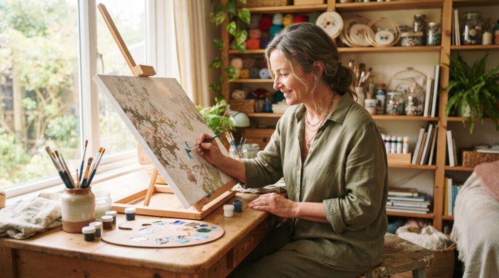 Lifestyle photography of a relaxed middle-aged woman sitting