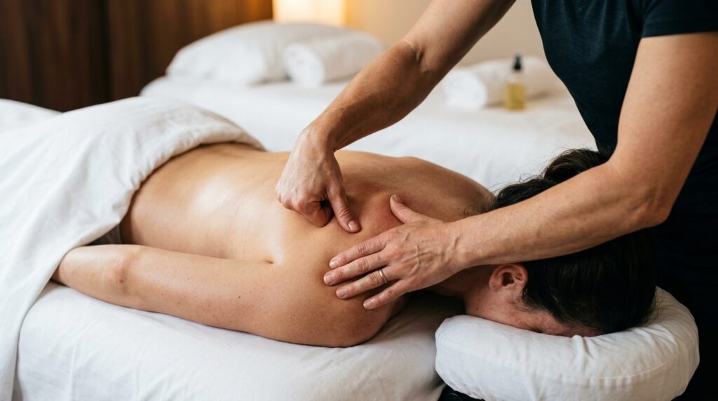 Close-up of a massage therapists hands performing a deep ti