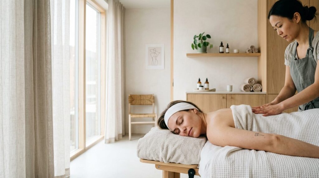 Female creative professional, relaxed expression, lying face