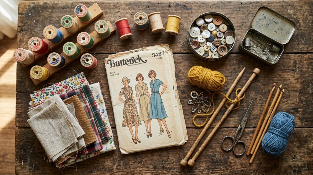 Flat lay overhead shot of creative DIY crafting materials so
