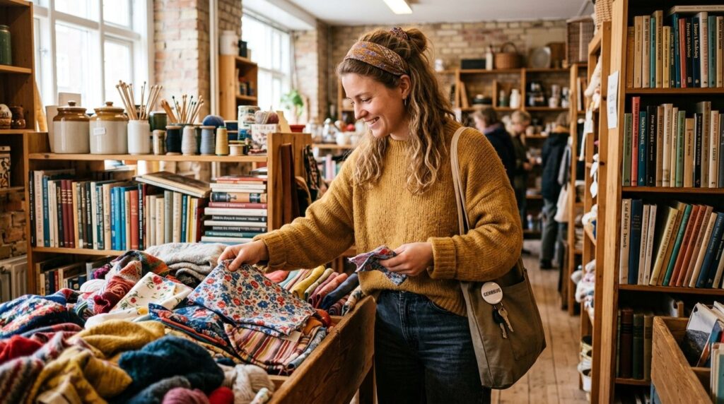 Woman in bright, naturally lit thrift store browsing through