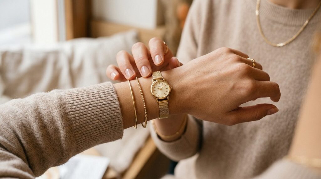 Close-up fashion lifestyle photograph of a womans wrist wea
