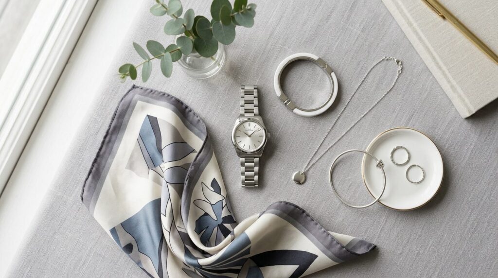 Flat lay overhead view of luxury womens accessories includi