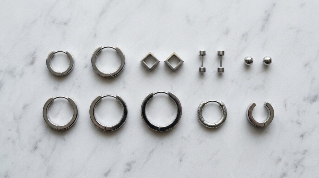 Flat lay overhead shot of various polished stainless steel e