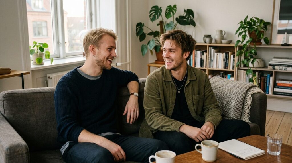 Candid lifestyle image of two young Scandinavian men in casu