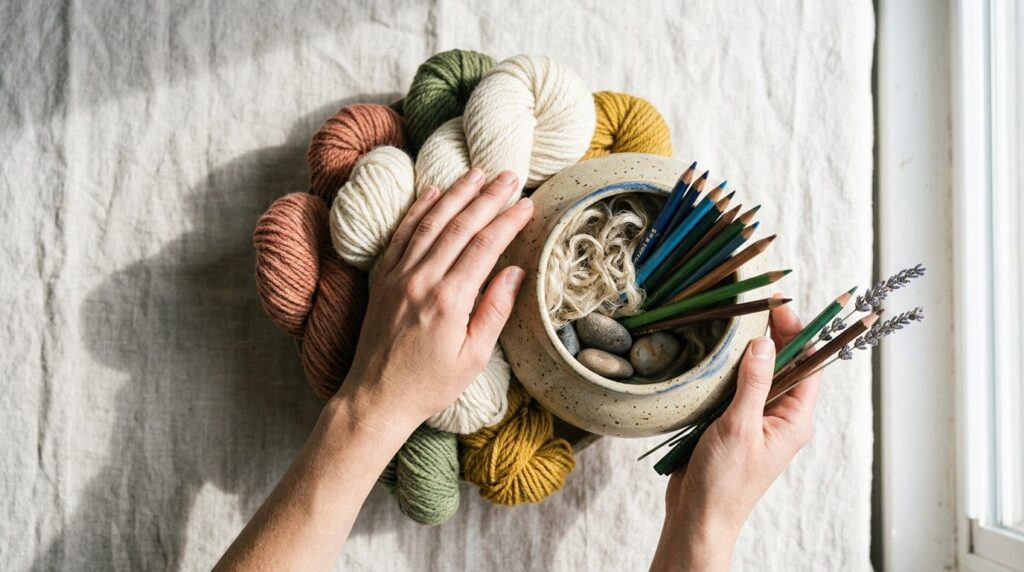 Close-up overhead shot of hands holding soft wool yarn and a
