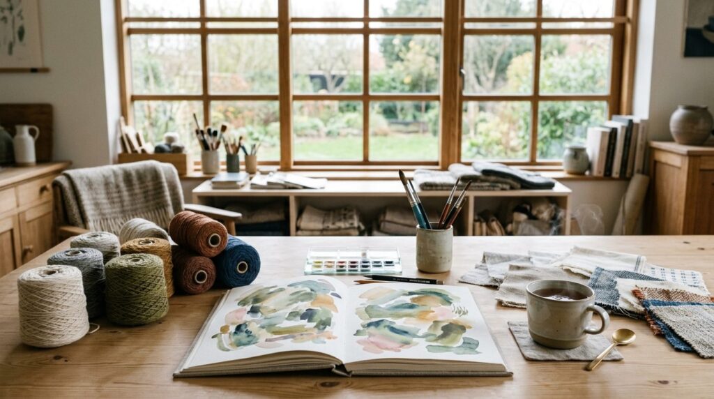 Serene studio workspace photograph showing an open sketchboo