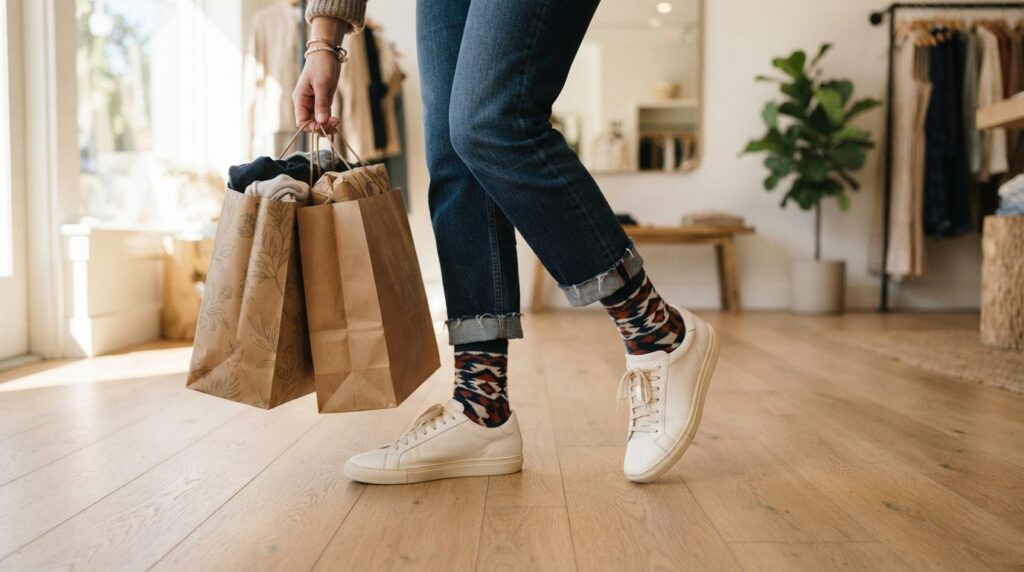 Close-up lifestyle shot of a womans feet wearing statement