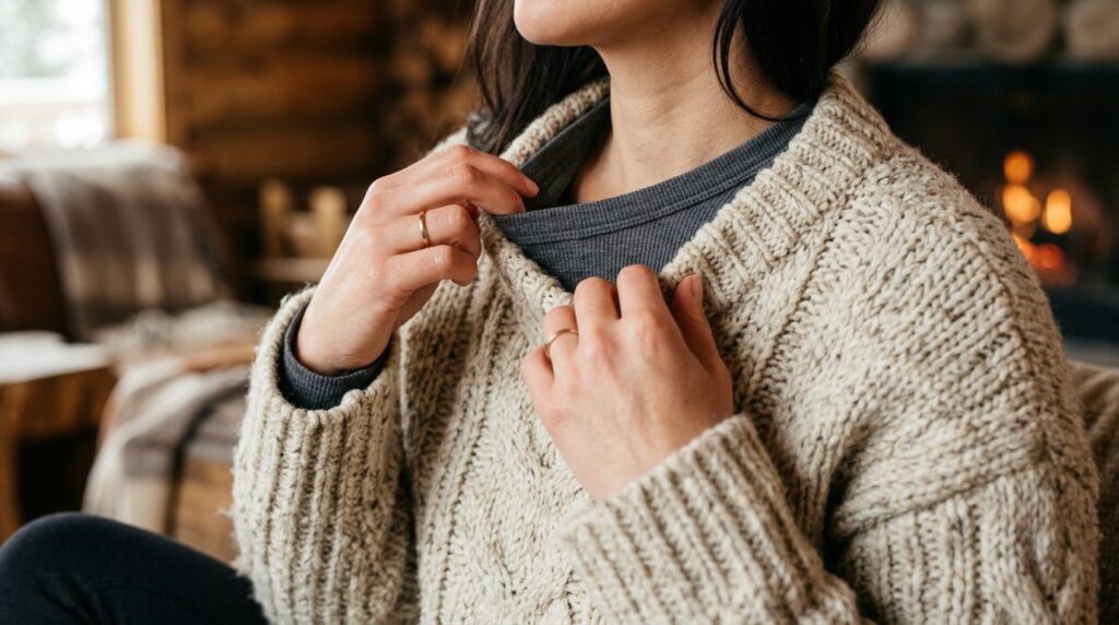 Close-up detail shot of layered winter fashion showing therm