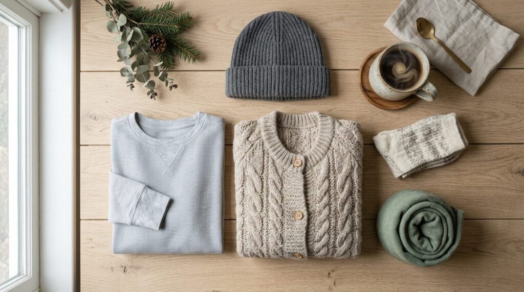 Overhead flat lay composition of winter layering essentials