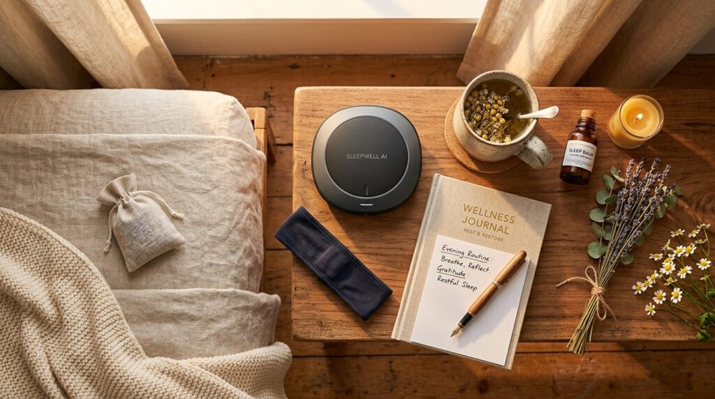 Overhead flat lay composition featuring a wellness sleep set