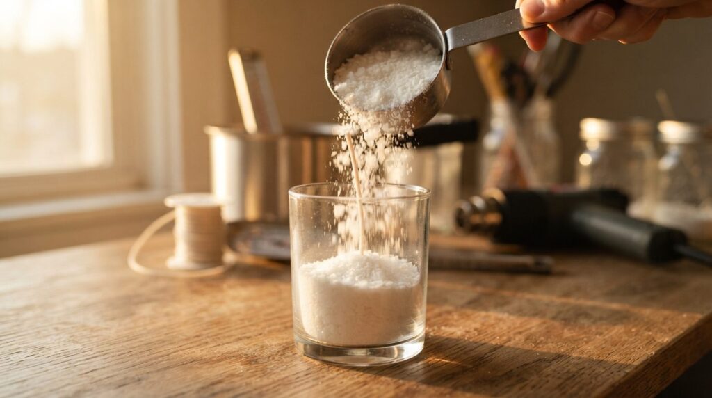 Close-up detailed product shot of stearin powder being poure